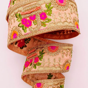 Peach Art Silk Fabric Trim With Green, Orange, Fuchsia Pink And Gold Floral Embroidery